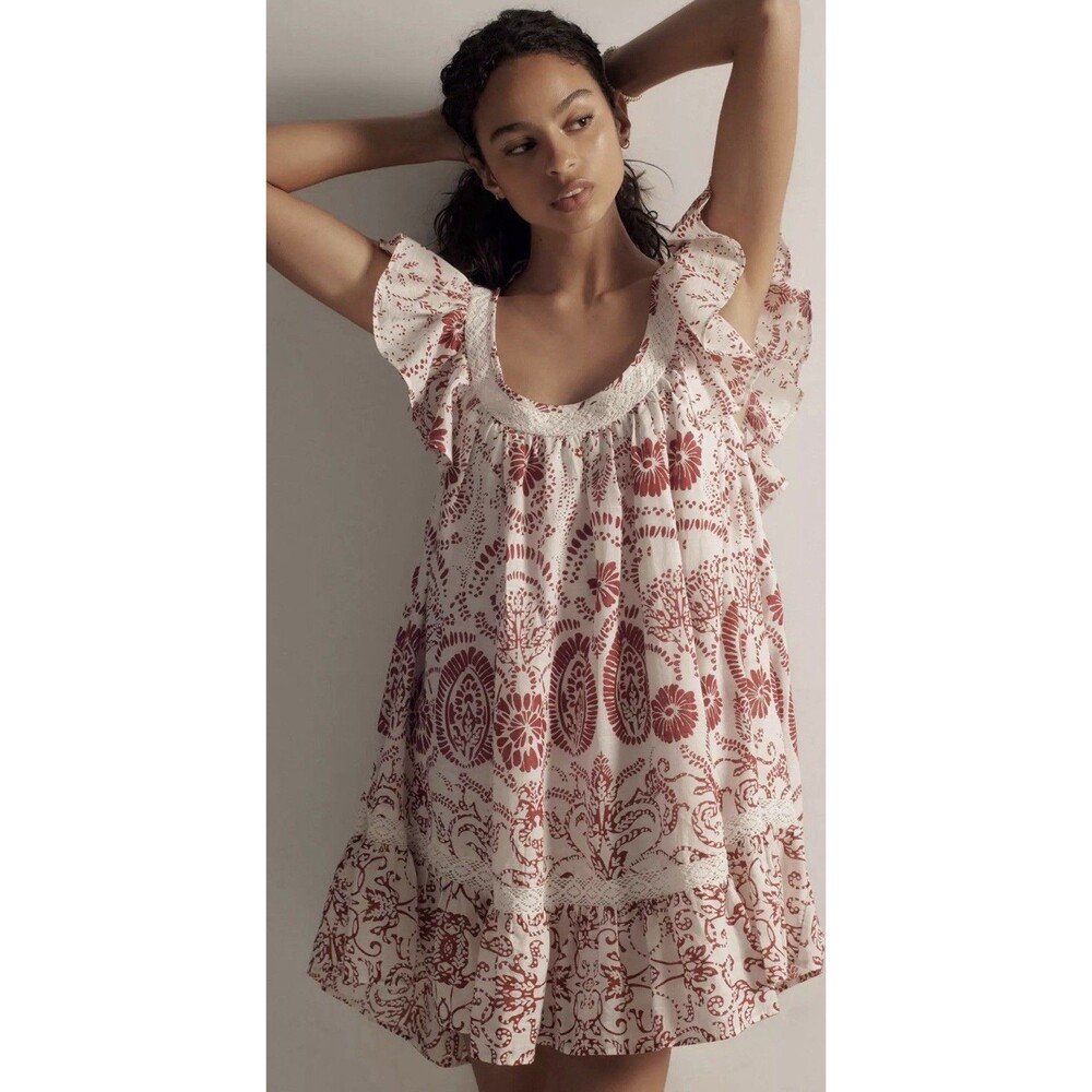 Women’s Anthropologie Maeve Flutter-Sleeve Babydoll Mini Dress XXS Red Floral